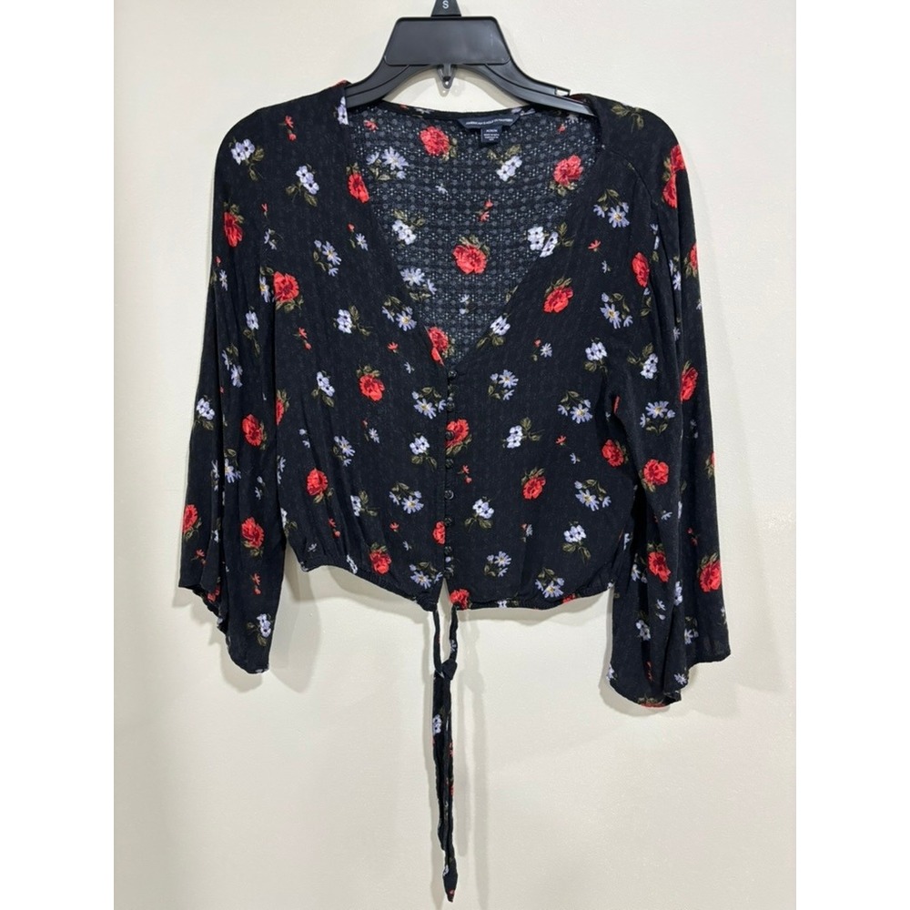 American‎ Eagle Floral Tie Front Blouse Black Boho Bell Sleeve Top Small Cottage